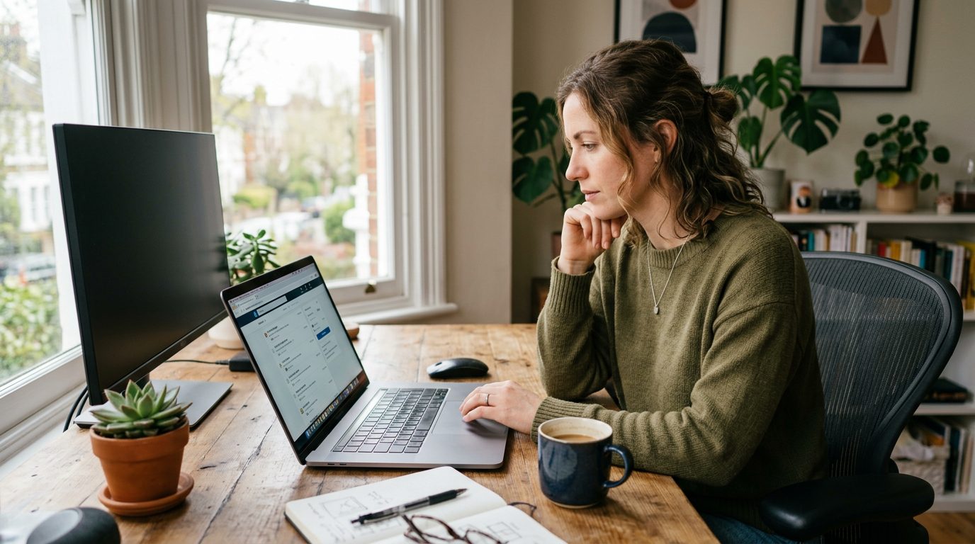 Freelancer reviewing aggregated gig listings and a draft application on a laptop